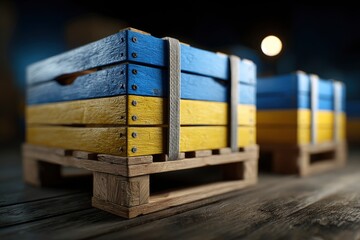 Stacked crates painted in Ukraine flag colors on pallets secured with straps Two crates sit on a wooden floor under dim lighting