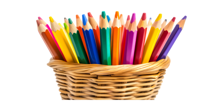 Pack Collection Colorful Pencils in Woven Basket Art Supplies Creativity Drawing Education Resource set against transparent background