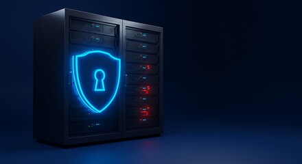 Data center security concept with glowing shield and server racks on display