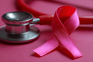 Stethoscope and pink ribbon on a pink surface