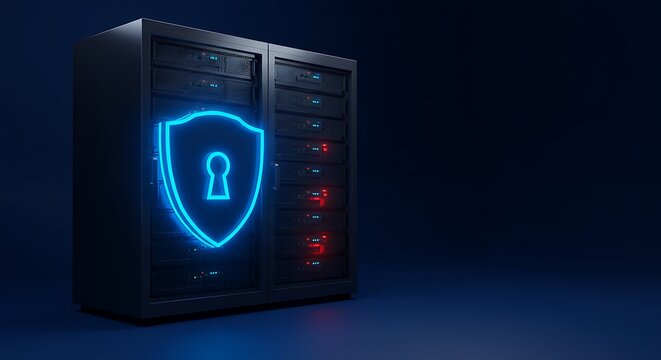 Data center security concept with glowing shield and server racks on display