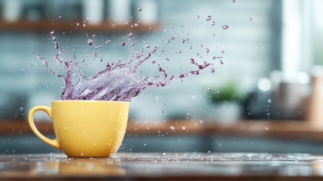 A vibrant splash of purple liquid erupts from a yellow mug against a blurred kitchen background, capturing the dynamic interplay of color and motion in everyday life. - Powered by Adobe