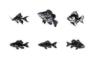 Naklejka premium Six black and white fish illustrations
