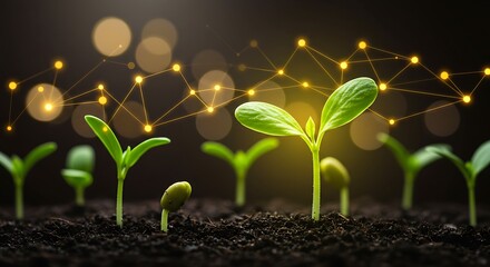 Seedlings emerging from soil connected by a glowing network design