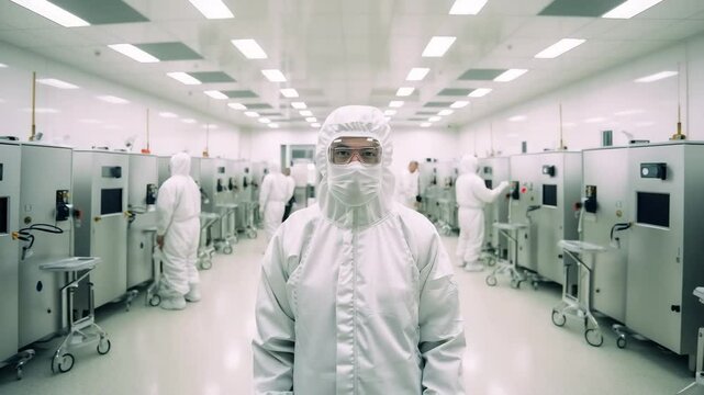 Technicians Working in High-Security Cleanroom Laboratory in Full Protective Suits
