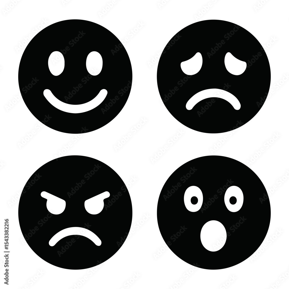 Poster four different black and white emoji faces displaying various emotions in a square arrangement on tr