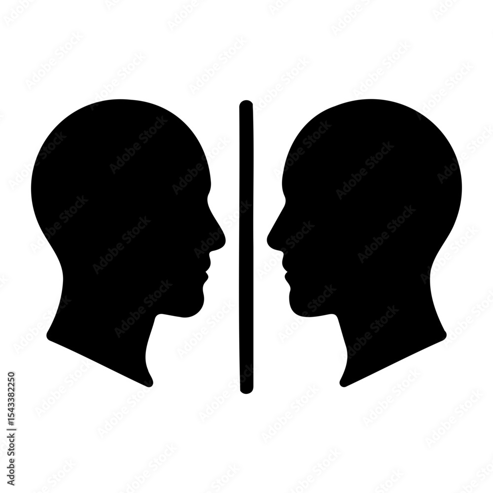 Poster two facing black silhouette heads separated by a vertical line on a white background view side profi