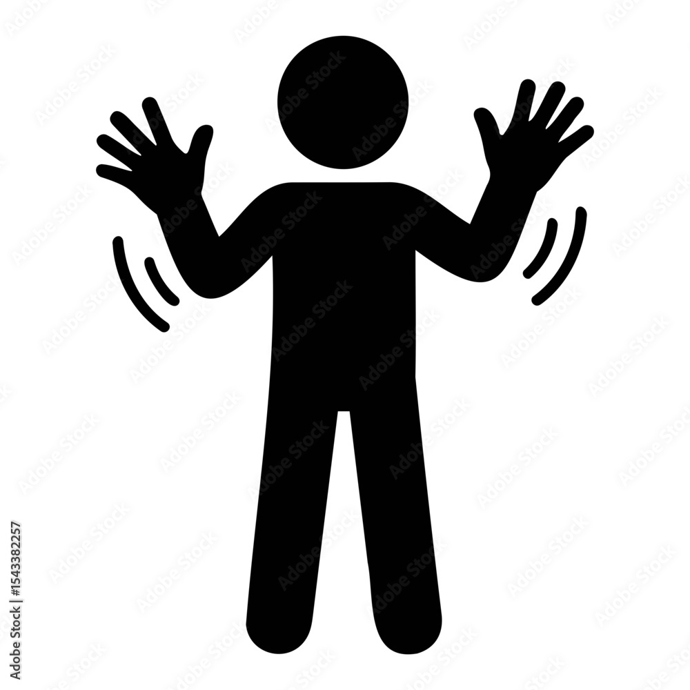 Poster silhouette of a person with arms raised and hands waving showing motion on a white background on tra