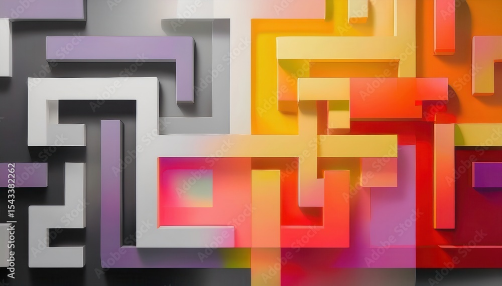 Poster colorful 3d geometric maze design with interlocking rectangular shapes in gradient hues of purple, r