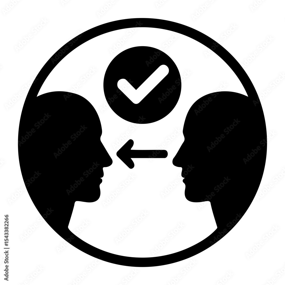 Poster two facing head silhouettes with an arrow pointing between them and a checkmark above them on transp
