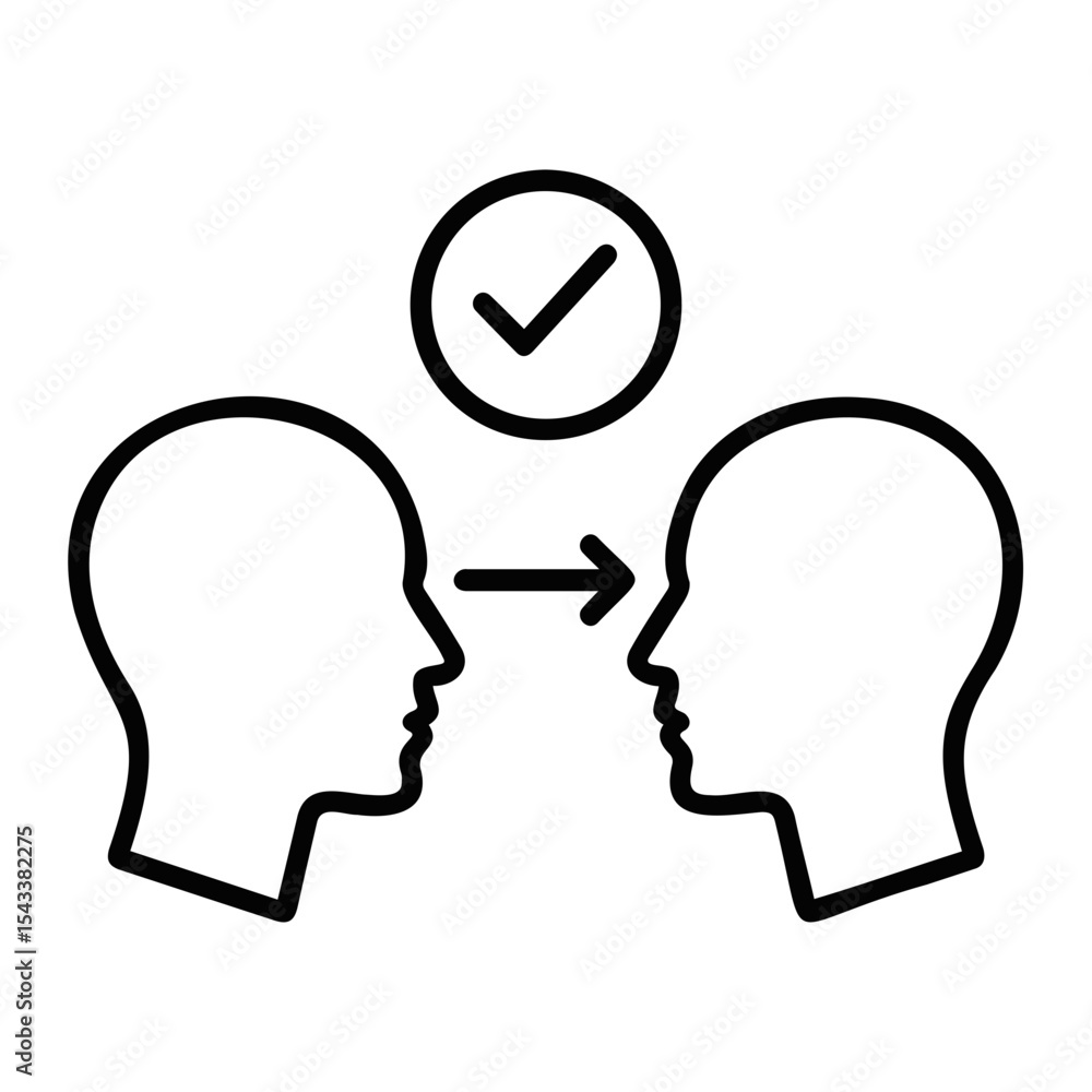 Poster two head outlines facing each other with an arrow between them and a checkmark above them all on tra