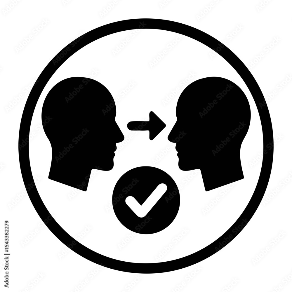 Poster two head profiles facing each other with an arrow and a checkmark inside a black circle frame on tra