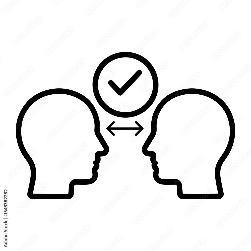 Poster two head profiles facing each other with an arrow between them and a check mark above them all on tr