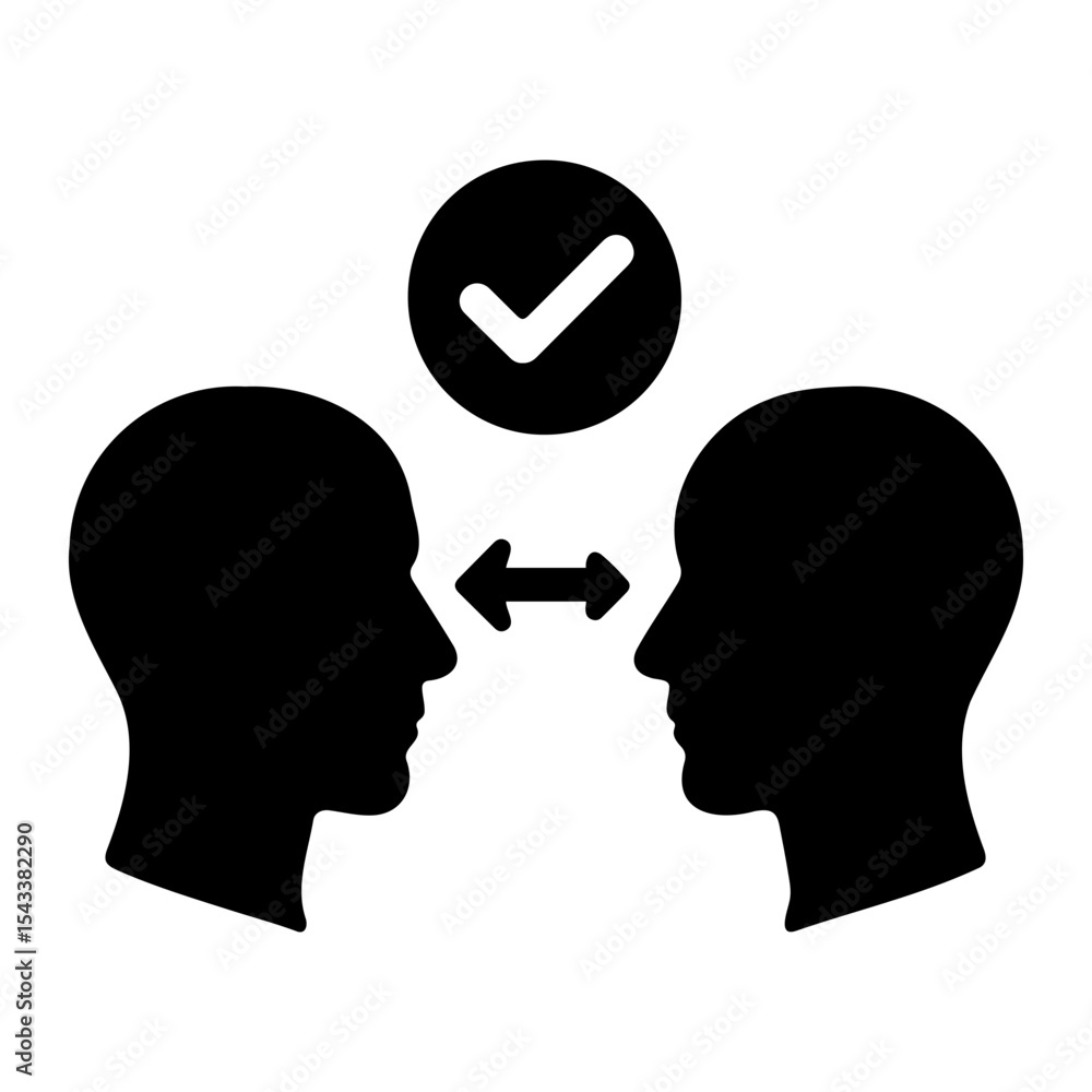 Poster two head silhouettes facing each other with an arrow between them and a check mark above them on tra
