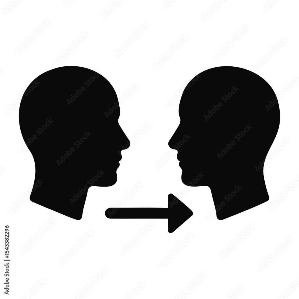 Poster two silhouetted heads facing each other with an arrow pointing from one to the other in black color 