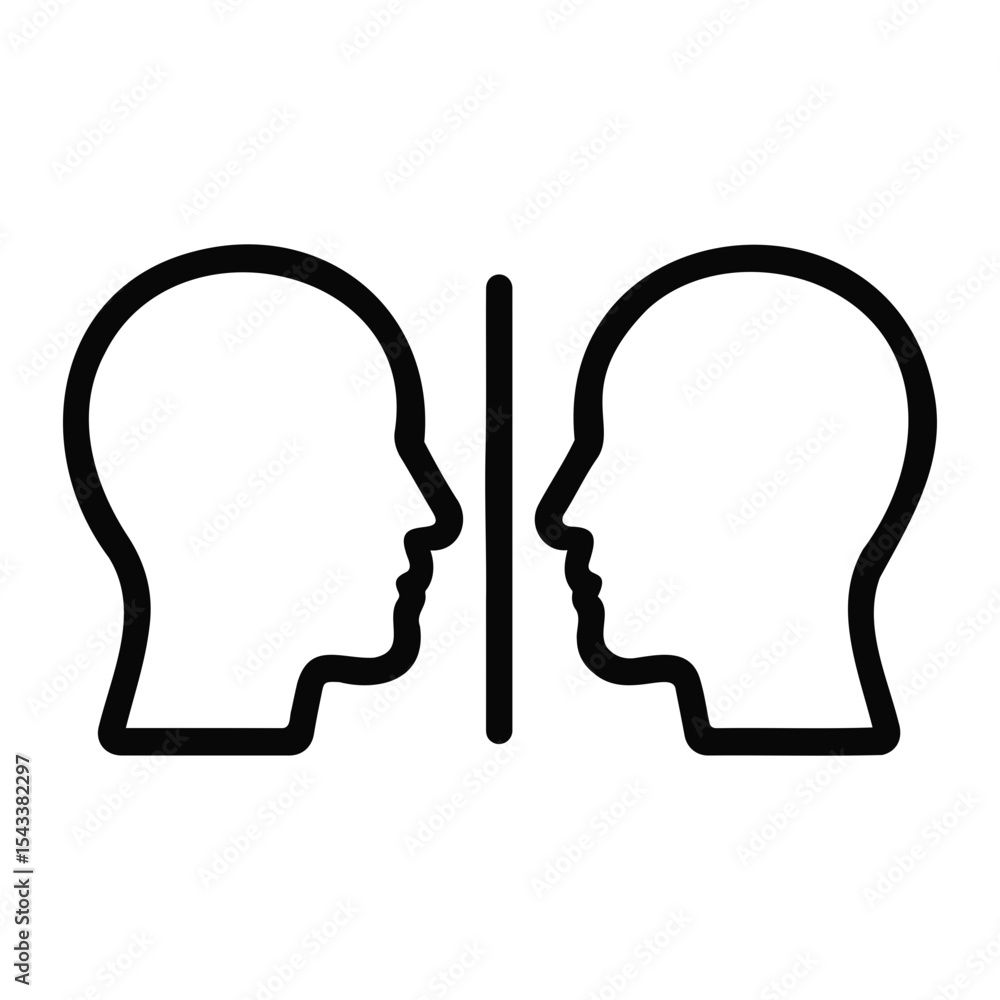 Poster two mirrored head outlines facing each other with a vertical line separating them in the middle on t