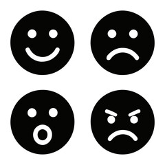 Four black circle emoticons displaying different emotions including happy sad surprised and angry faces on transparent background