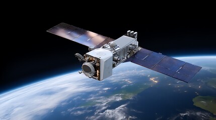 Fototapeta premium Satellite in Orbit Above Earth with Solar Panels and Instruments