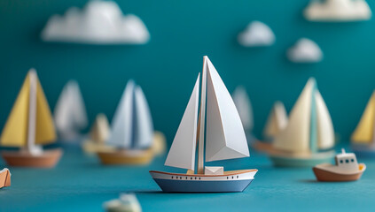 A detailed 3D paper craft model of a small sailboat with white sails set against a bright blue background and surrounded by various smaller boats,
