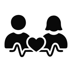 Illustration of a couple silhouette with a heart in between and heartbeat symbol below them on transparent background