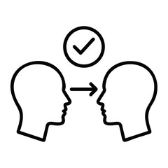 Two head outlines facing each other with an arrow between them and a checkmark above them all on transparent background
