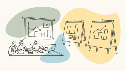 People attending a meeting with charts and graphs displayed on a projector and flip charts screens