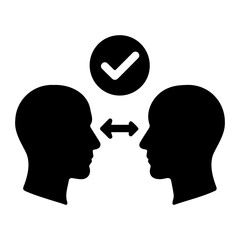 Two head silhouettes facing each other with an arrow between them and a check mark above them on transparent background