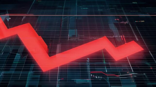 Red financial arrow graph dramatically declines across digital trading screen showing market crash and economic downturn with data visualization and analytical charts background