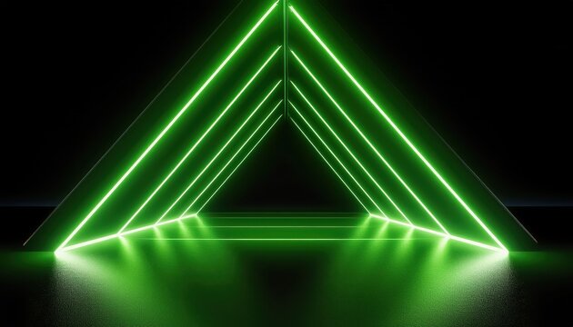 glowing green neon triangle tunnel with futuristic symmetry and reflective surface, ideal for web design, tech branding, poster, and digital art background