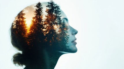 This captivating image features a woman's silhouette intertwined with a serene forest landscape, emphasizing the deep connection between humanity and nature's tranquility.