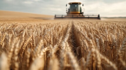 A captivating view of a wheat field being harvested by a large machine, symbolizing productivity, nature's bounty, and the beauty of agricultural life.