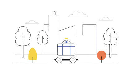 Illustration of a self driving delivery vehicle in a city with trees and clouds in the background