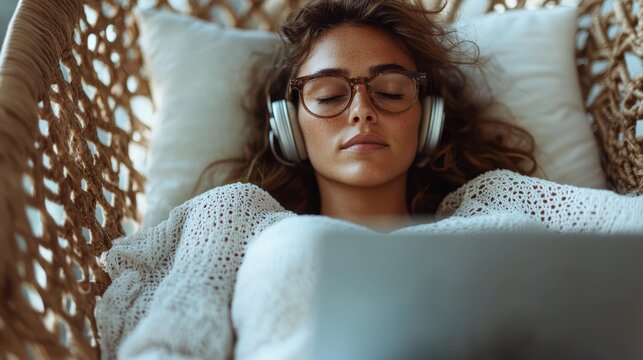 A tranquil scene of a woman relaxing in a hammock with headphones on, embodying peace and comfort while enjoying a moment of solitude in a cozy space.