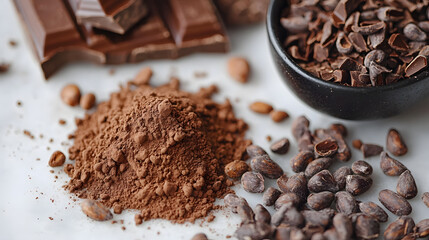 Cocoa powder, cocoa beans and dark chocolate on white background
