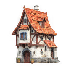 A charming two story house with a red tile roof against a white background