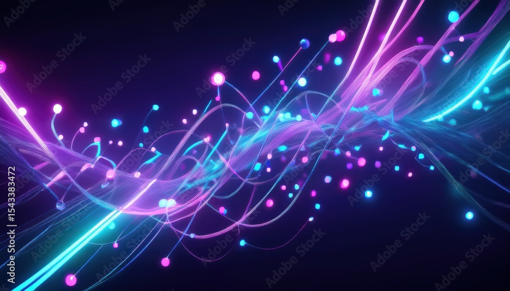 Poster vibrant neon wave stream with glowing particles on dark background for futuristic web design, tech b