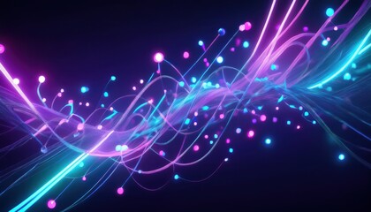 vibrant neon wave stream with glowing particles on dark background for futuristic web design, tech branding, abstract print, or digital interface concept

