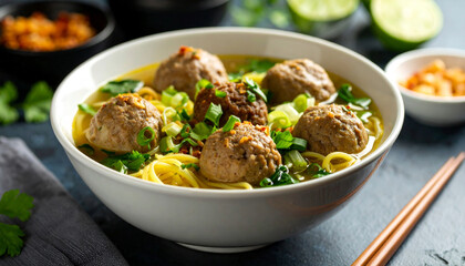 Fototapeta premium A bowl of Indonesian meatballs noodles or Mie Bakso