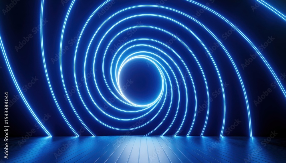 Poster glowing neon blue circular tunnel with luminous curved lines on dark background for futuristic web d