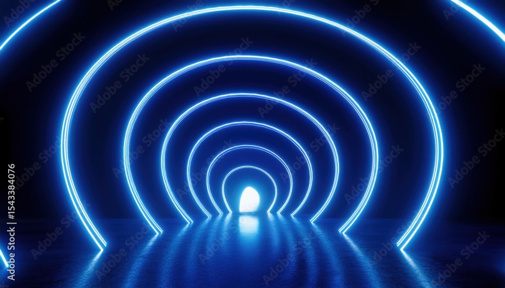 Poster glowing neon blue circular tunnel with luminous curved lines on dark background for futuristic web d