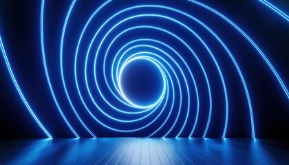 glowing neon blue circular tunnel with luminous curved lines on dark background for futuristic web design, digital branding, or sci-fi themed visual content

