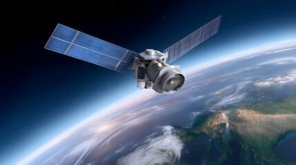 Satellite in Orbit Over Earth with Space Background and Technology