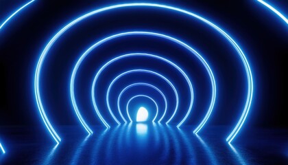 glowing neon blue circular tunnel with luminous curved lines on dark background for futuristic web design, digital branding, or sci-fi themed visual content

