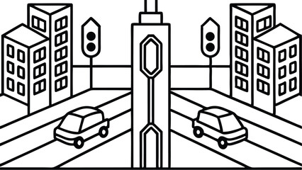 Outline drawing of city with tall buildings cars and traffic lights in symmetrical arrangement view