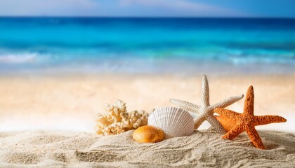 Obraz na płótnie Canvas the view on sandy beach with coral seashell and starfish summer beach concept