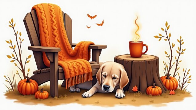 a wooden chair a pumpkin scaf on chair and a wooden table in front a yellow color tee cup on table a dog sitting near table  ,happy halloween witch, 