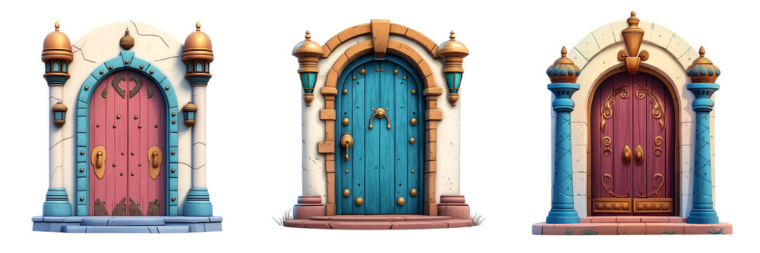 Set of various werid and whimsical front indian door isolated on transparent background