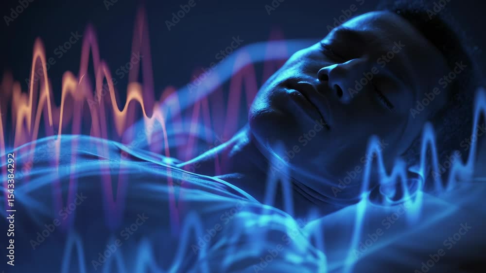 Poster brainwave patterns are visualized as colorful lines and waves surrounding a young man sleeping peace