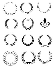 Twelve Elegant Black Laurel Wreaths, Circular Frames, and Crowns