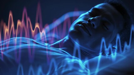 Brainwave patterns are visualized as colorful lines and waves surrounding a young man sleeping peacefully in a dark room, suggesting deep sleep or meditation - Powered by Adobe